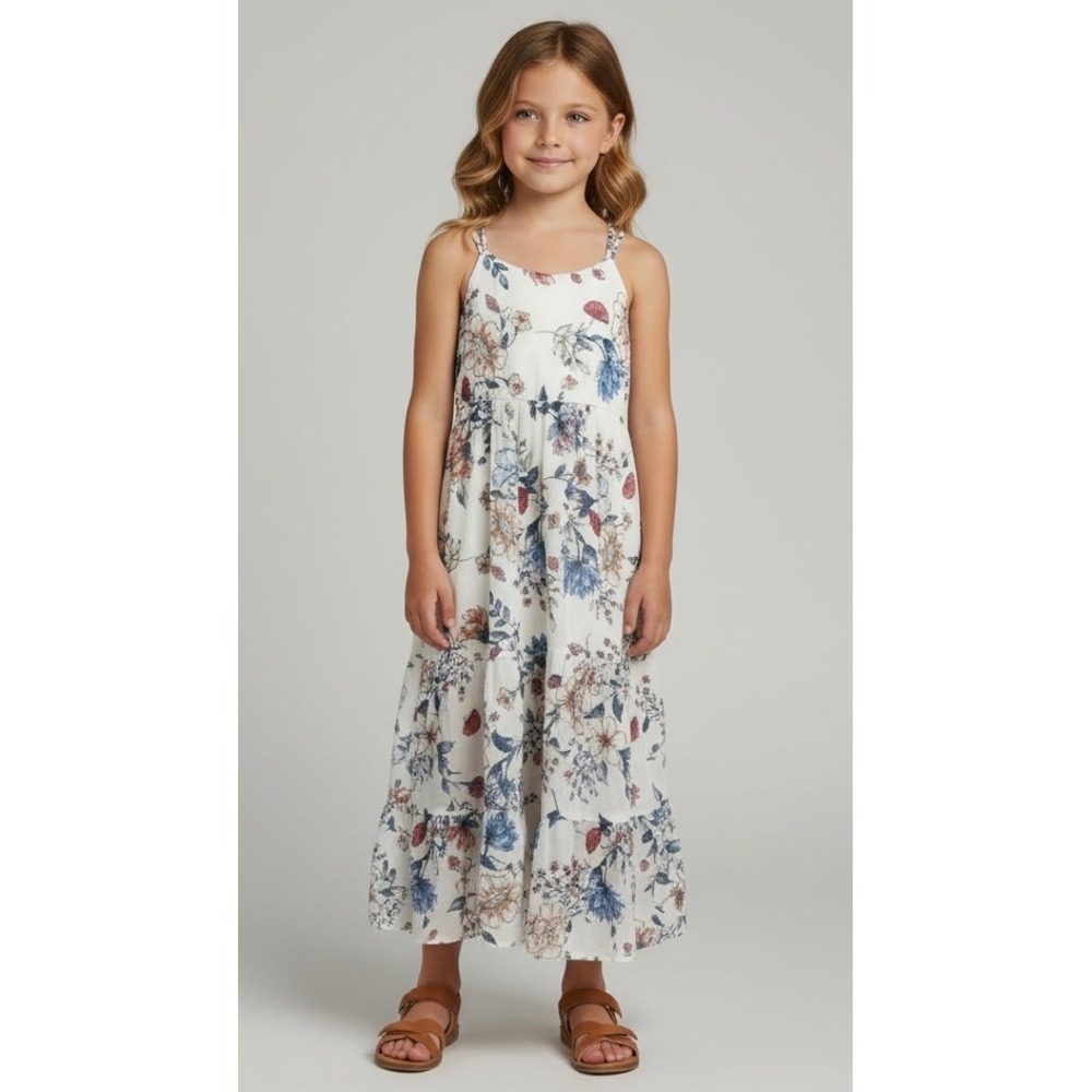 NEW Lexi & Jules Girls Size 7 Floral Tiered Maxi Dress White Blue Pink Boho